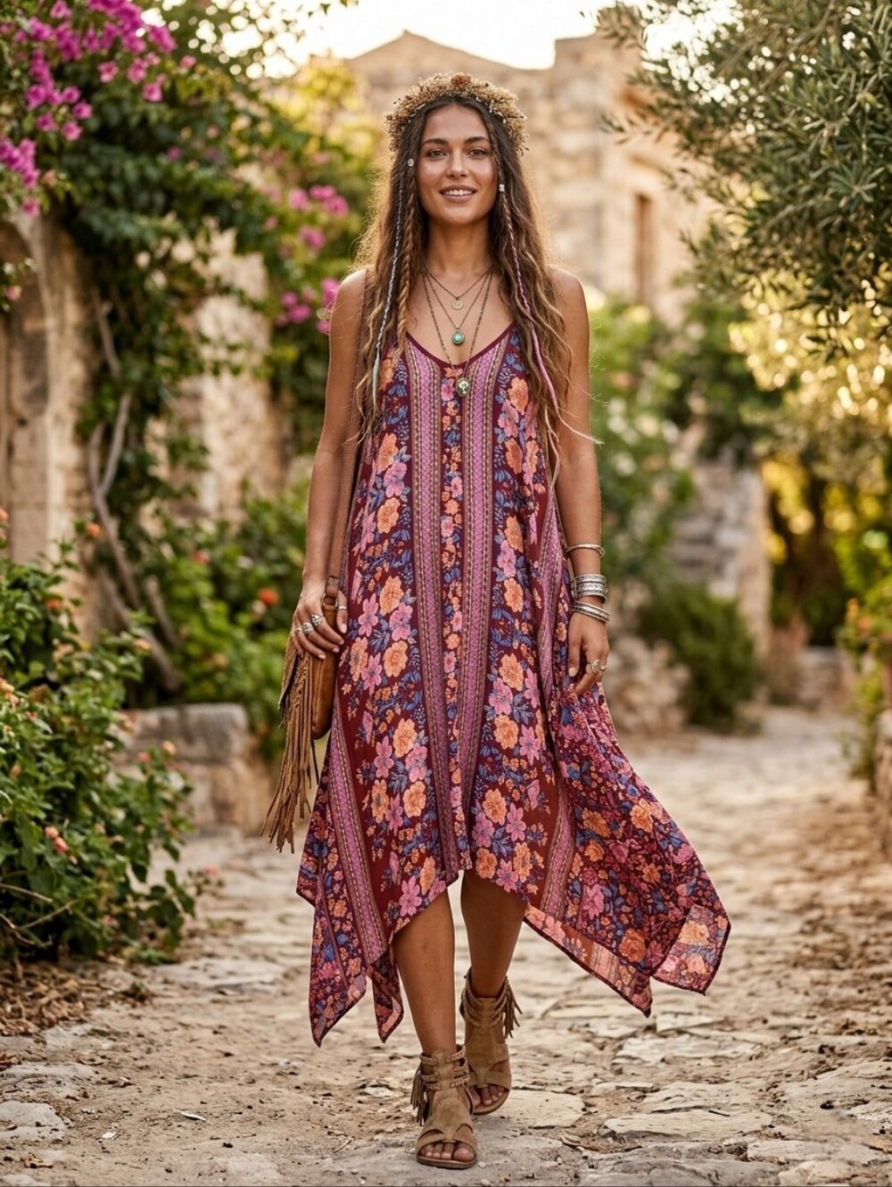 Kori Floral Boho Midi Dress in Maroon and Pink